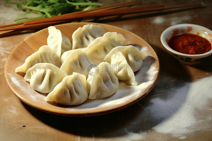 餐桌上一盘饺子图片