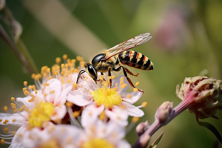 一只蜜蜂趴在一朵花上采蜜图片