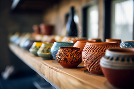 酿坊一排彩色的陶艺作品背景