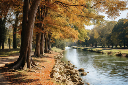 秋日森林边河岸上的景色背景