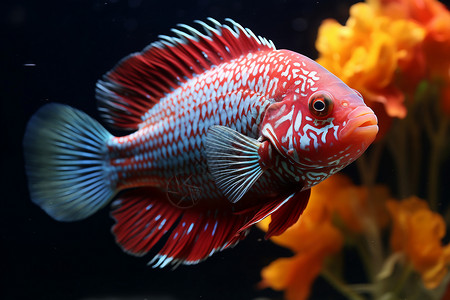 红白花纹水中颜色鲜艳的热带鱼背景