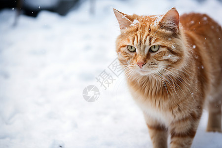 冬天雪中漫步雪中呆萌的橘色小猫背景