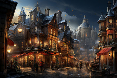 热闹的圣诞节城镇街道背景图片