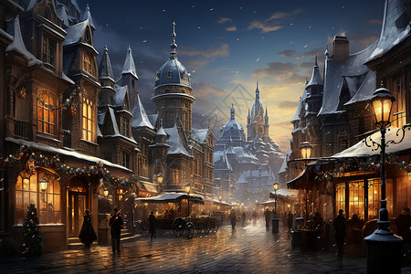 古典夜景冬季热闹的欧洲古典街道插画