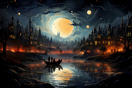 夜晚湖畔梦幻的城堡图片