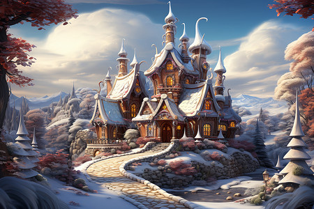 冬季林中的城堡建筑图片