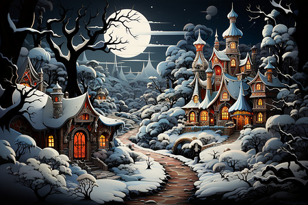 奇幻的雪夜童话小镇背景图片