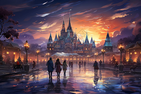 套娃广场夜景浪漫的雪中城堡广场插画