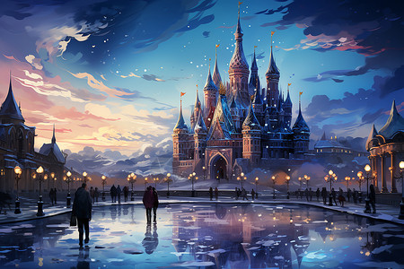 灯光行人冬季雪后梦幻的城堡插画