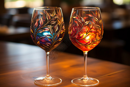 桌面上花纹精致的酒杯背景图片