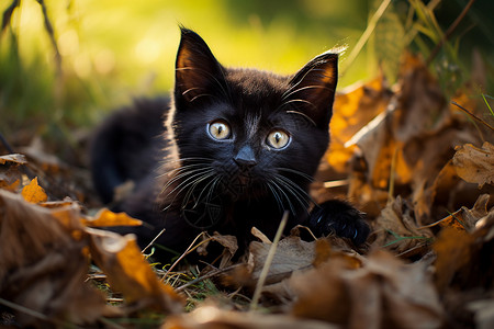 森林中的黑色小猫咪高清图片