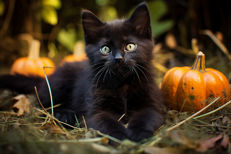 一只小黑猫小黑猫与南瓜背景