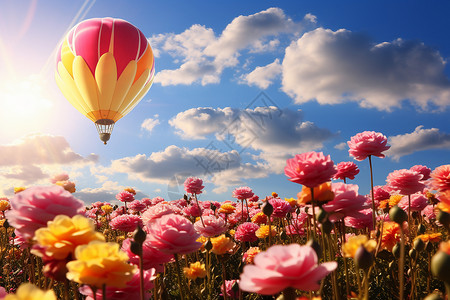 花朵热气球野外花田上空的热气球背景