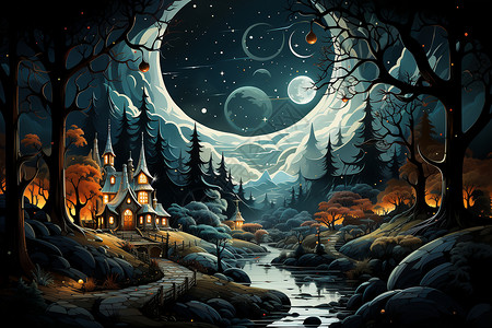 月夜梦幻的林间小屋背景图片