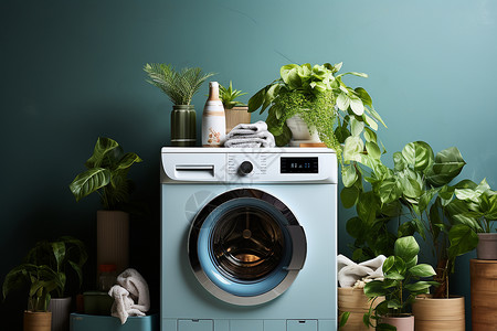 绿植装饰的洗衣房背景图片