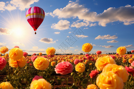 梦幻的花田热气球背景图片