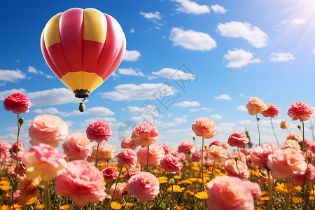热气球下盛开的花田背景图片