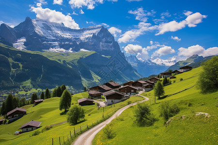 瑞士牧场夏季山间乡村的美丽景观背景