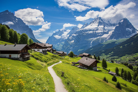 瑞士木屋夏季高山脚下的乡村景观背景