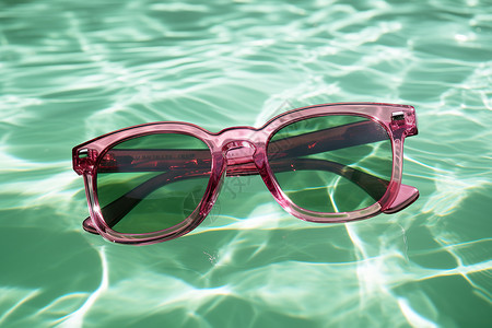 粉黄波纹边框水中漂浮的粉框墨镜背景
