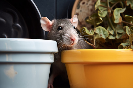 塑料盆厨房中觅食的老鼠背景