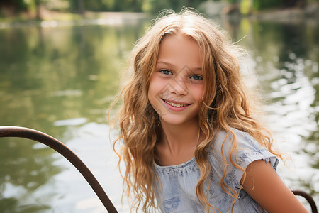 水中小船上开心的女孩图片