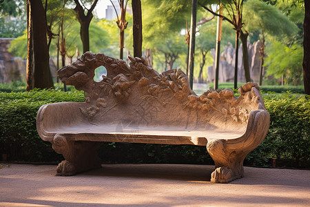 公园中岩石雕刻的长椅图片