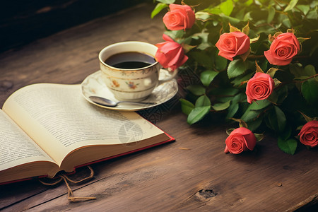 玫瑰咖啡放松的阅读闲暇时光背景