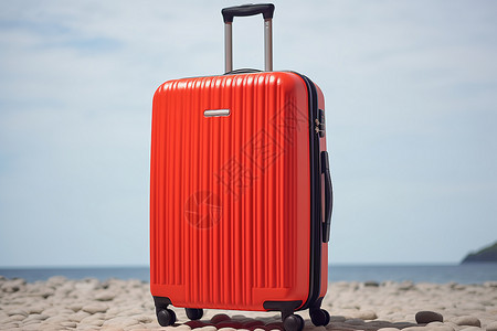 海滩上红色的行李箱图片
