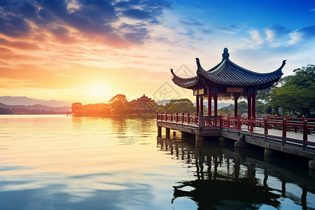 湖中惬意的中式凉亭背景图片