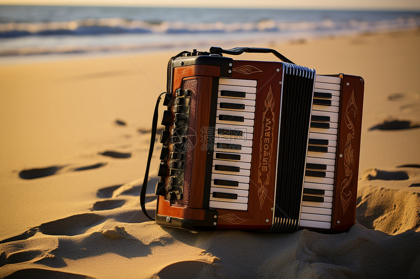 沙滩阳光下的典雅手风琴图片