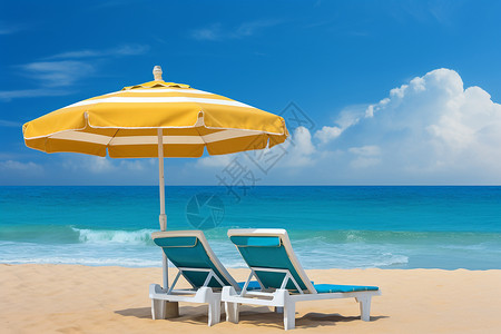 度假沙滩上悠闲的遮阳椅图片