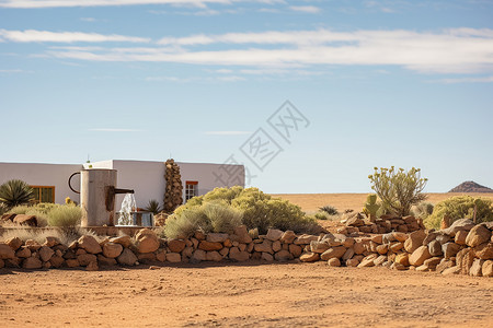 沙漠中石墙包围的房屋高清图片