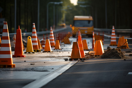 危险道路上的警示路障背景图片