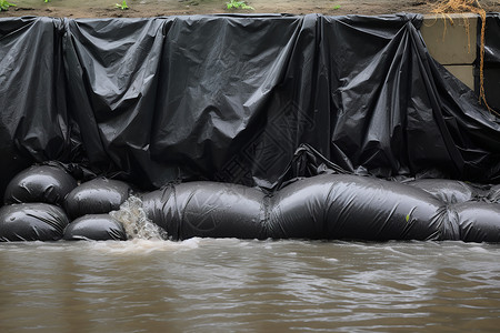 洪水中的黑色防洪沙袋背景图片