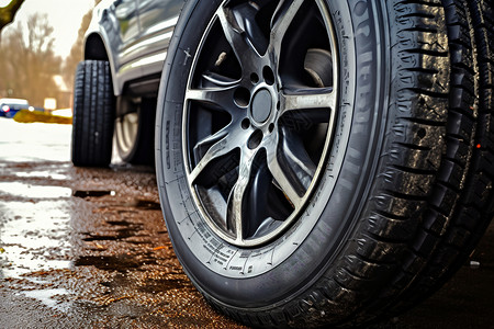 雨后潮湿街道上的车辆轮胎高清图片