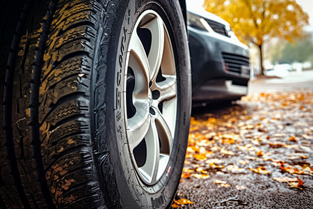 秋季雨后街道上的车辆轮胎图片