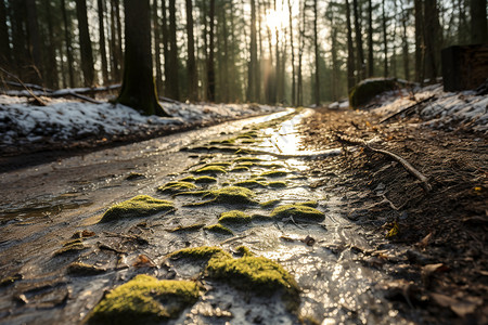 冬天苔藓林中泥泞的道路背景