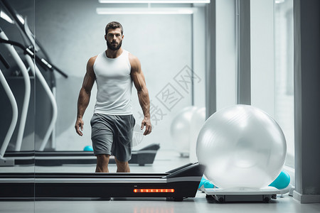 健身房跑步机上健身的男子背景图片