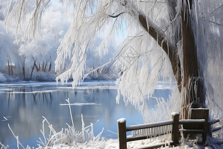 霜挂冬季美丽的树挂景观背景