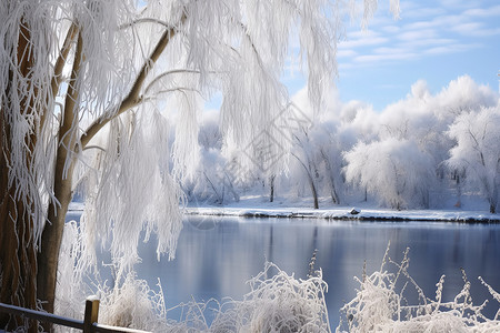 冬季河畔霜挂的树林背景图片