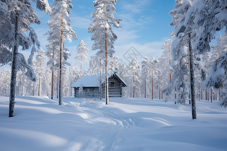 冬季林中孤独的小木屋图片