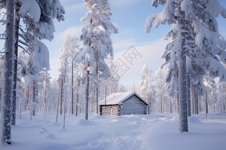 春夏季树林小屋冬季大雪覆盖的林中小屋背景