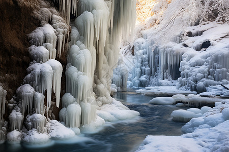 山间小溪上的冰挂景观图片
