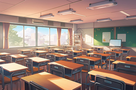 许多窗户充满阳光的教室动漫插图插画