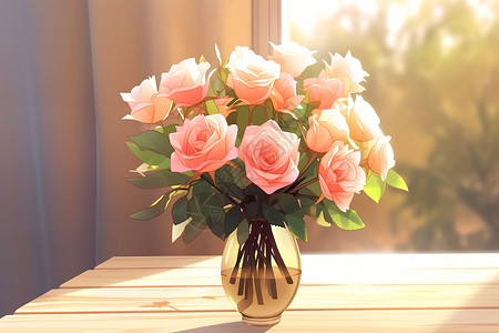 玫瑰花桌面阳光下玻璃瓶中的玫瑰花插画