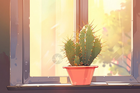窗台上的仙人掌盆栽动漫插图背景图片