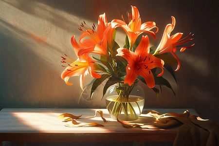 花瓶中盛开的百合花背景图片