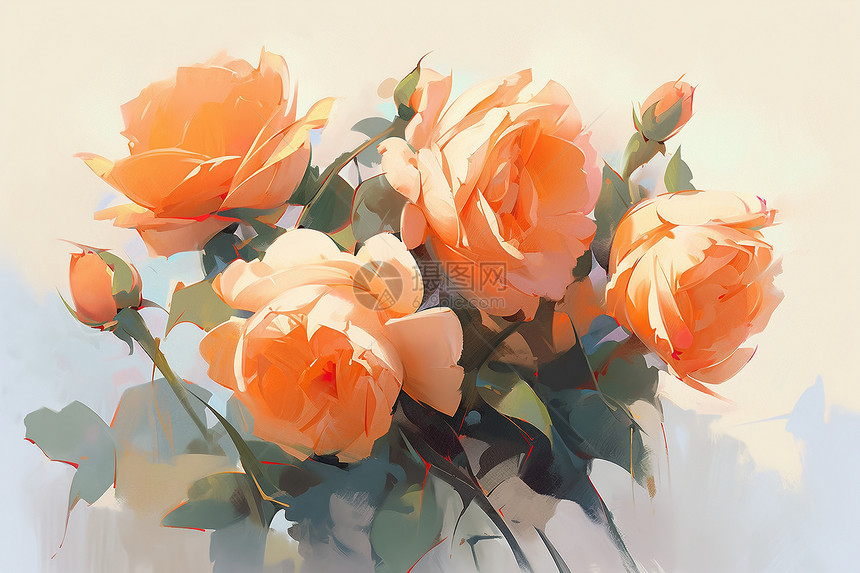 颜色艳丽的橘色玫瑰油画插图图片