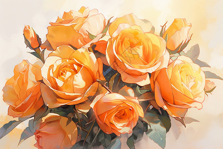 绽放的橘色玫瑰油画插图背景图片